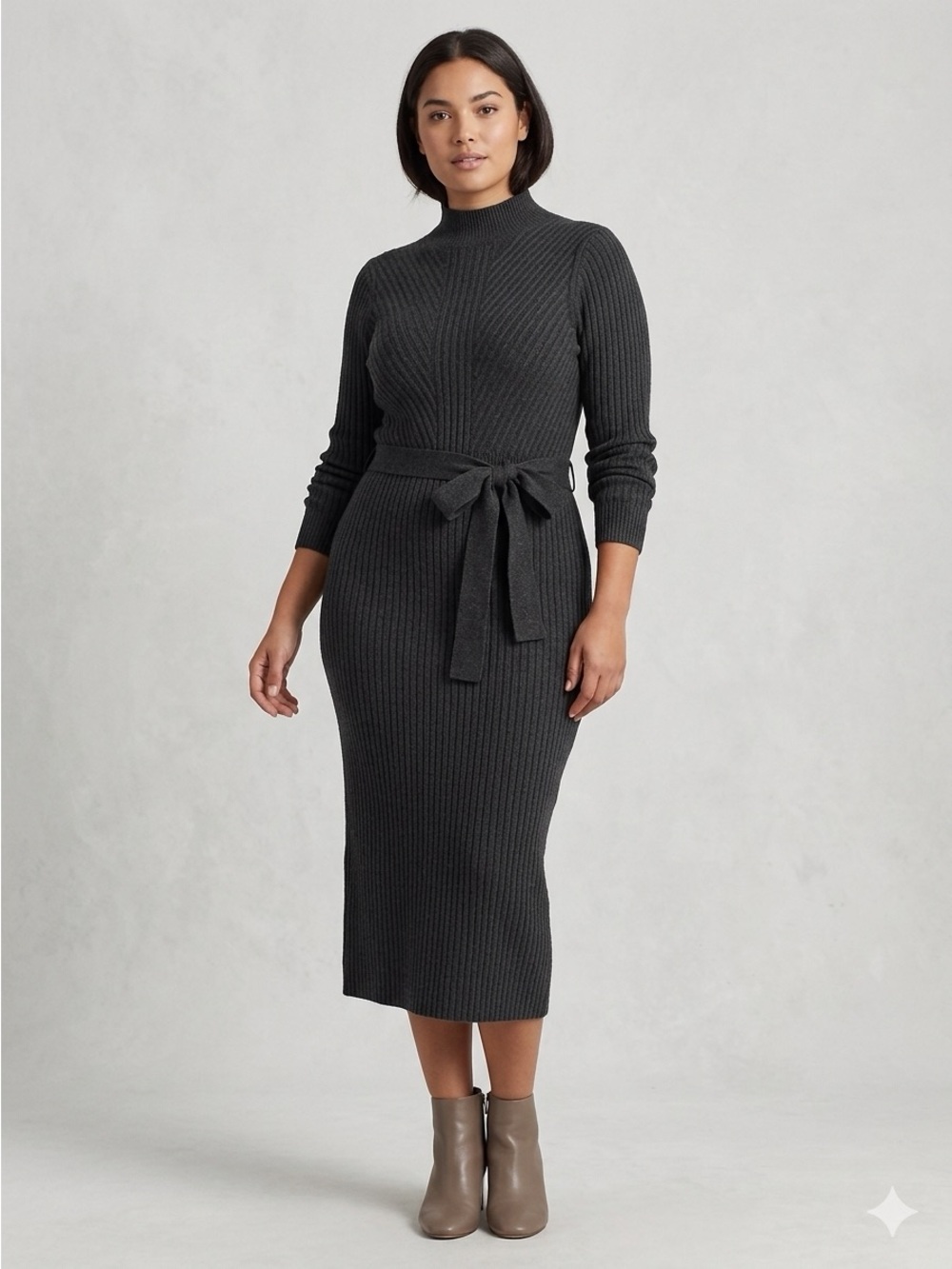 RW&CO. Charcoal Rib-Knit Tie-Waist Midi Dress